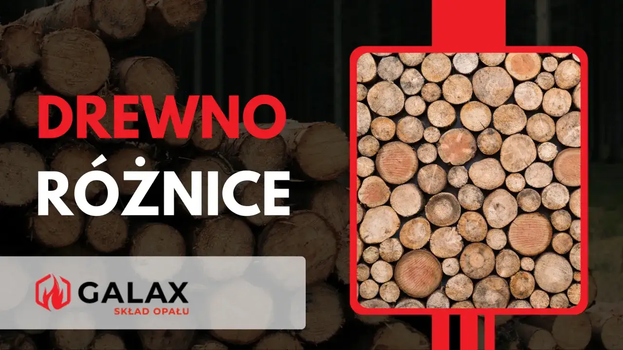Stos drewna, idealne polano do kominka, czeka na rozpalenie ognia. Logo GALAX Skład Opału.