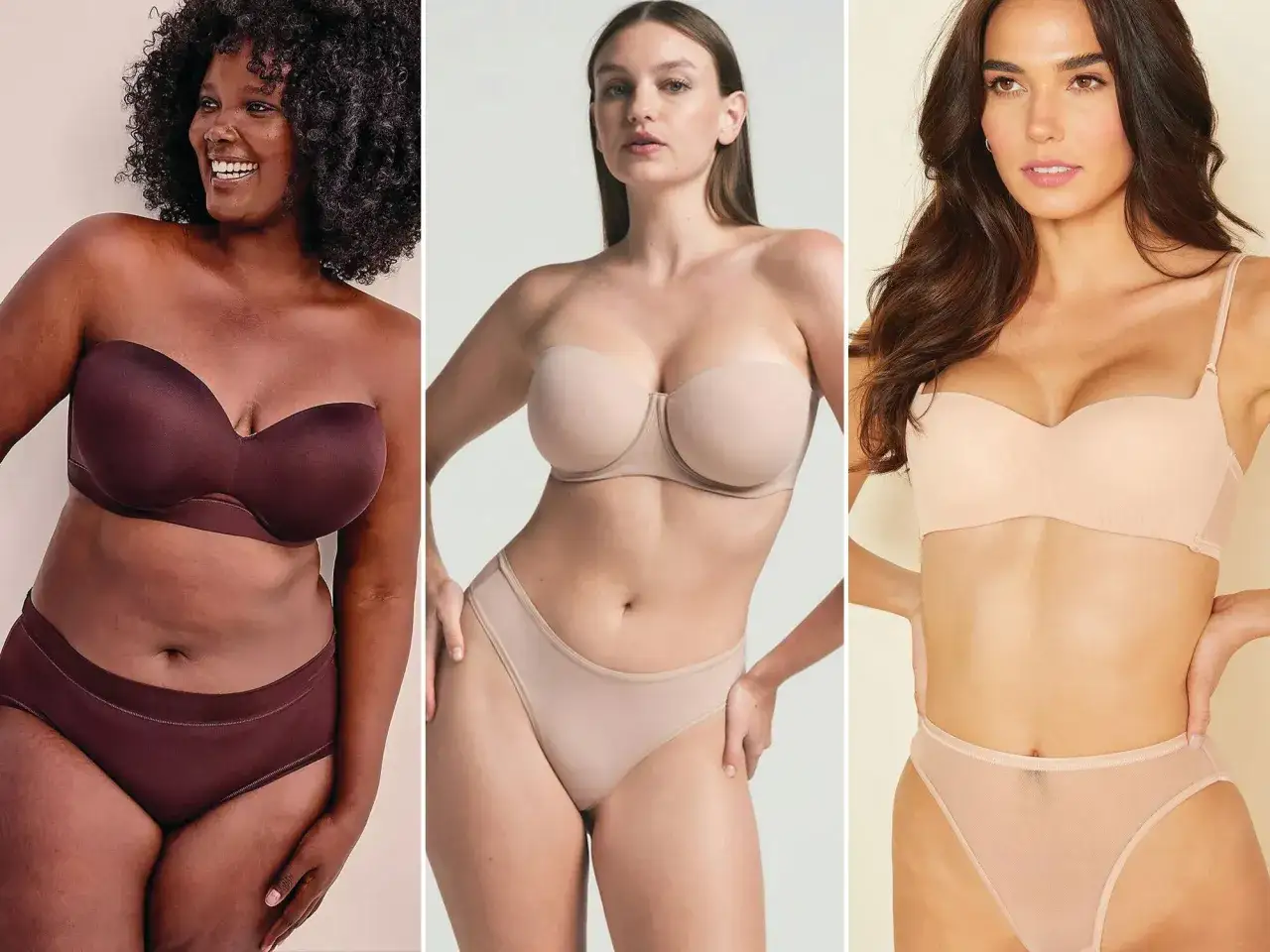 Drei Frauen pr&auml;sentieren tr&auml;gerlose BHs in verschiedenen Hautt&ouml;nen. Die perfekte Wahl f&uuml;r welchen BH unter Brautkleid?