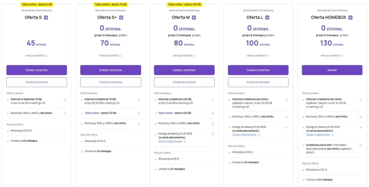 Porównaj oferty Play abonament: S, S+, M, L i HOMEBOX. Znajdź najlepszy pakiet internetu, rozmów i SMS-ów.