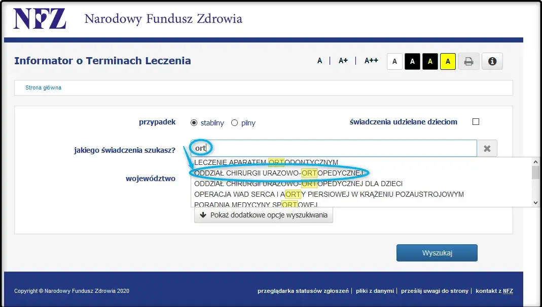 strona internetowa nfz terminyleczenia, wyszukiwarka terminów leczenia