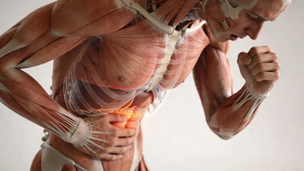 Anatomía muscular muestra un hombre con dolor de espalda al toser, agarrándose el abdomen.