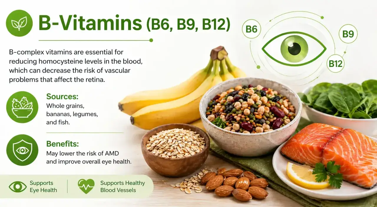 B-Vitamine (B6, B9, B12) unterstützen die Augengesundheit und können das Risiko von Gefäßproblemen der Netzhaut senken. Quellen: Bananen, Fisch.