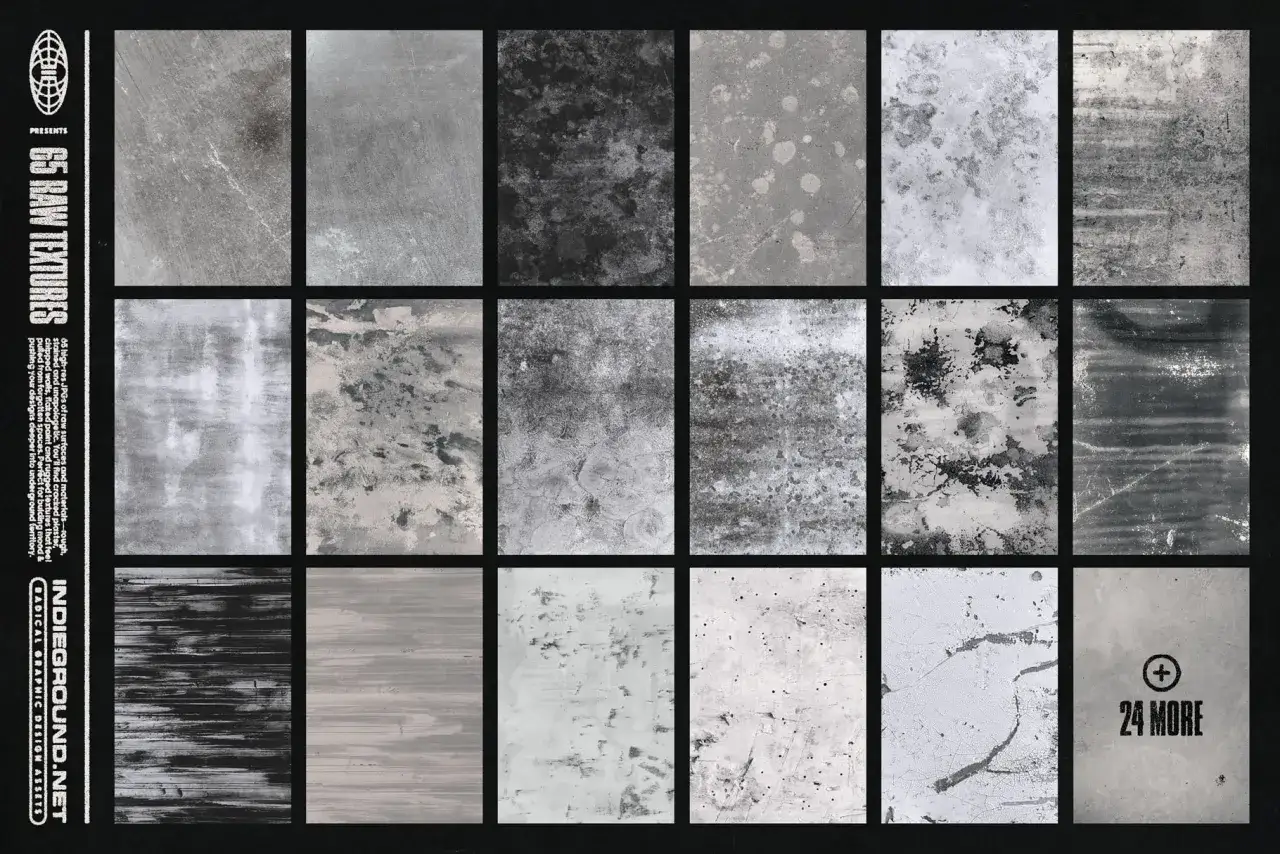 A grid of 15 grunge art style textures, featuring raw, weathered surfaces like concrete and chipped paint, perfect for adding gritty detail.