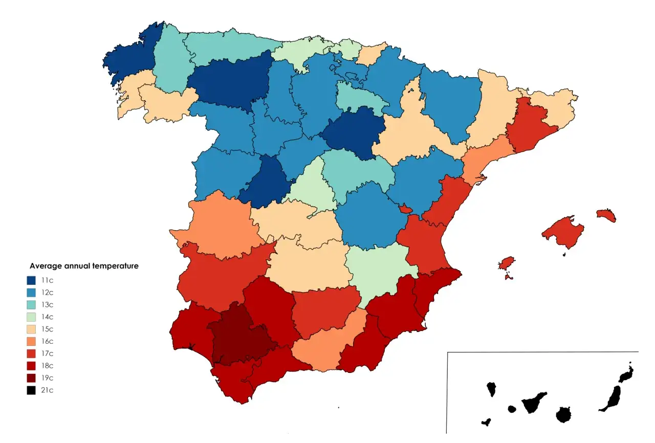 Karta visar genomsnittlig **spanien temperatur &aring;ret runt**. Varmast &auml;r i s&ouml;der med upp till 21c, kallast i norr med 11c.