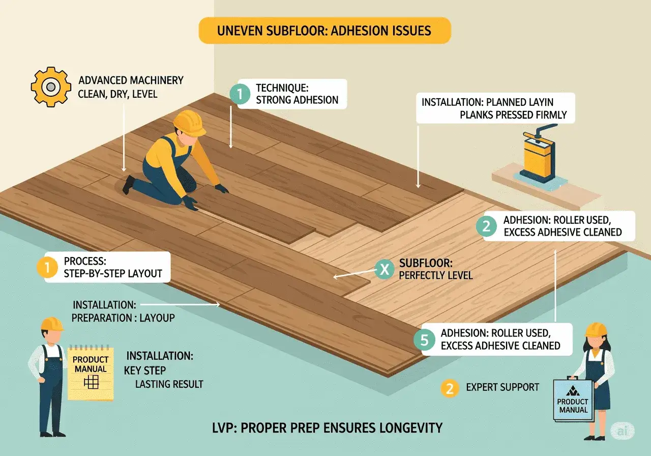 Diagram shows LVP plank flooring installation steps, emphasizing proper subfloor prep for strong adhesion and longevity.