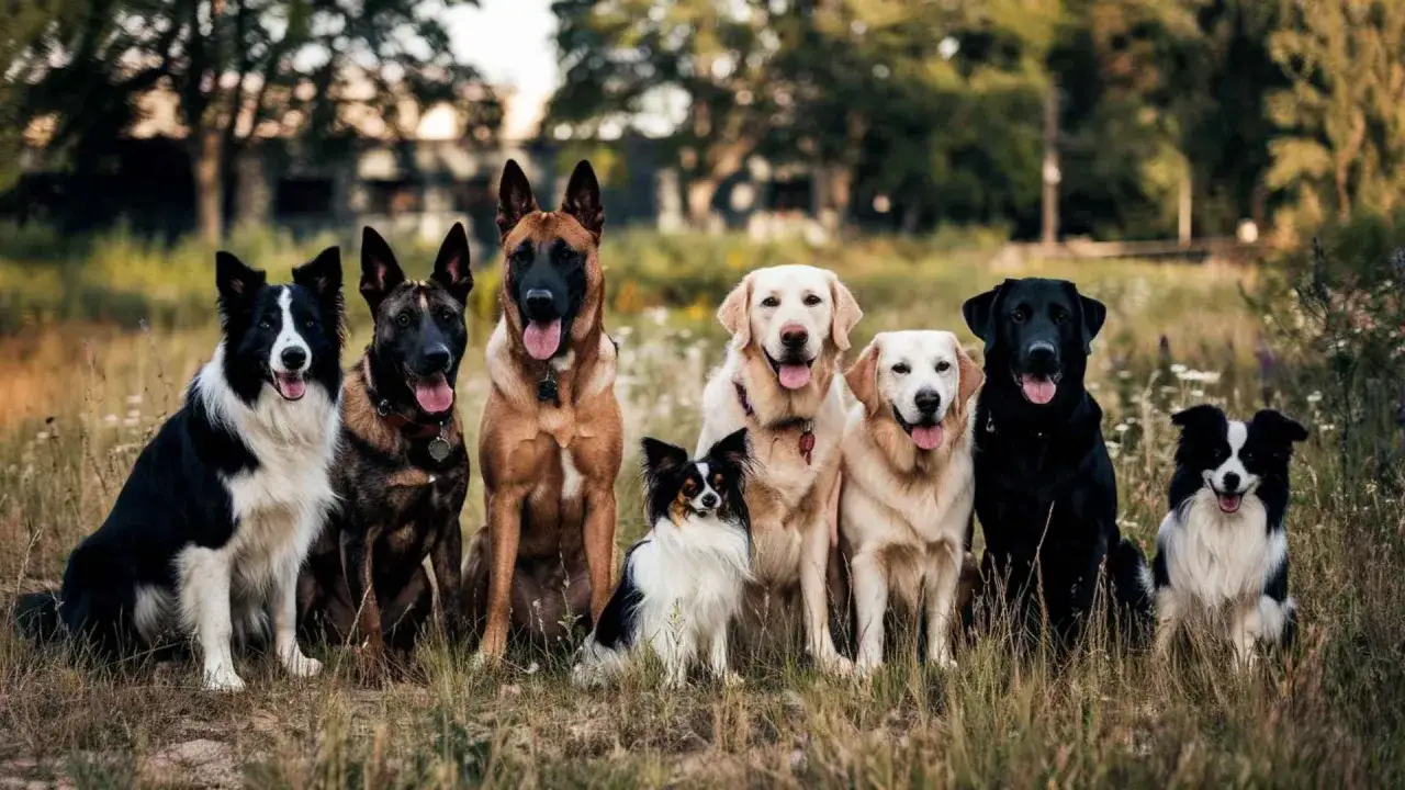 Un grupo de perros, incluyendo Border Collies y Labradores, sentados juntos. &iexcl;Parecen perros muy inteligentes!