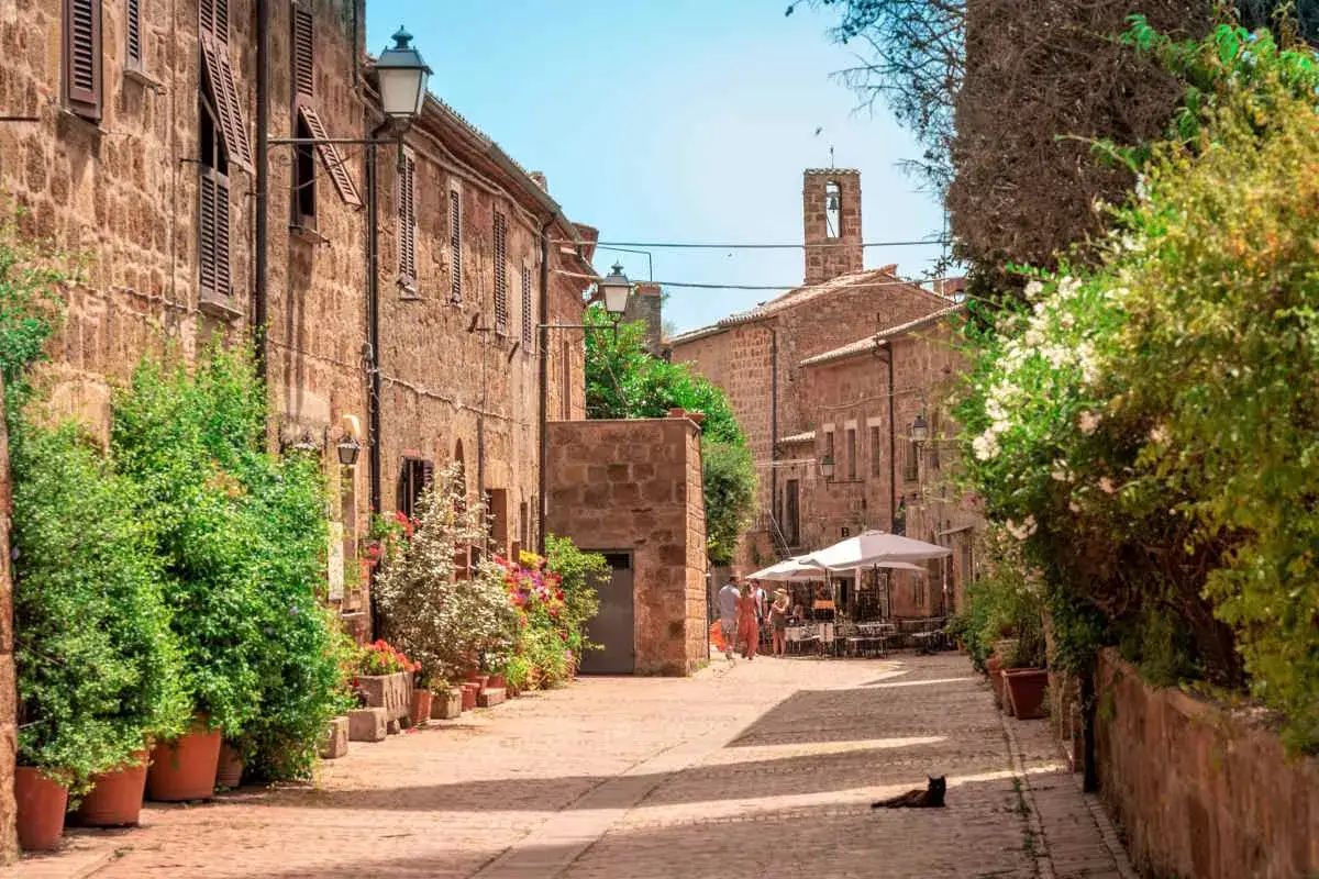 Un suggestivo itinerario borghi toscana 3 giorni: vicoli in pietra, fiori colorati e un gatto nero che si gode il sole.