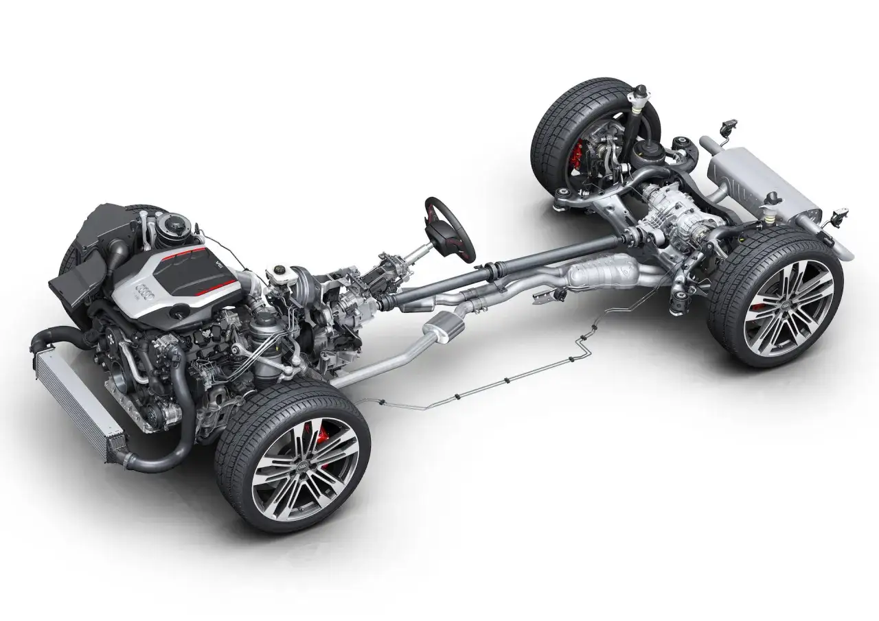 Silnik V6 z turbosprężarką, układem wydechowym i elementami zawieszenia samochodu b9.