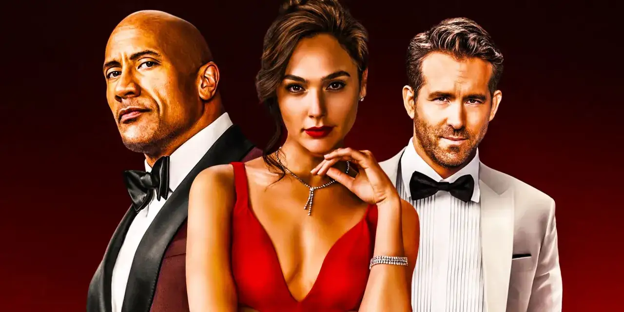 Dwayne Johnson, Gal Gadot w czerwonej sukni i Ryan Reynolds w smokingu. Trójka agentów w akcji, jak w