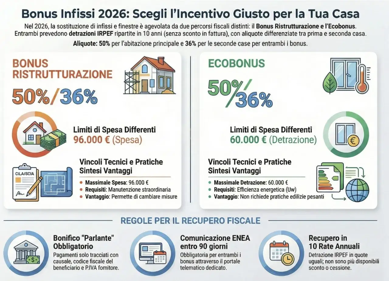 Infissi 2026: detrazione 50% o 65% per ristrutturazione o ecobonus. Guida ai bonus fiscali per la tua casa.