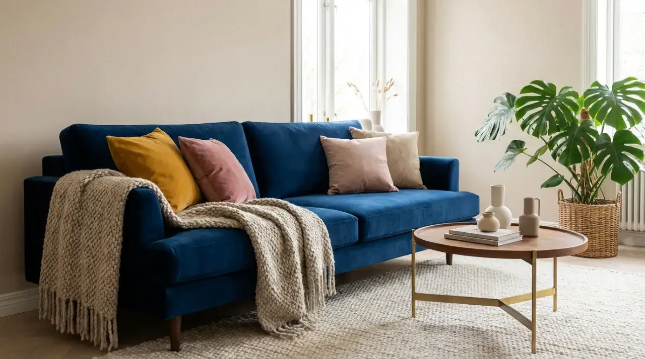 Granatowa sofa w różnych stylach wnętrz: skandynawski, glamour, loft, boho