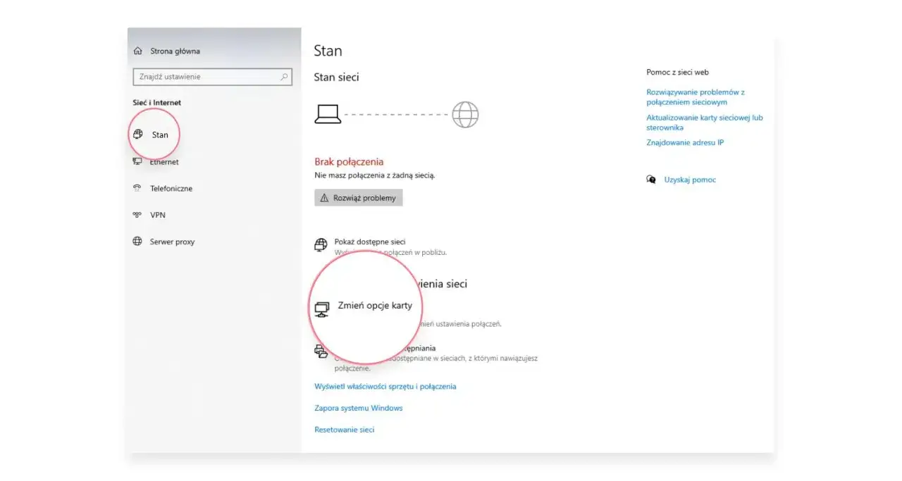 Karta sieciowa Ethernet nie ma poprawnej konfiguracji protokołu IP. Widok ustawień sieciowych Windows, sekcja 