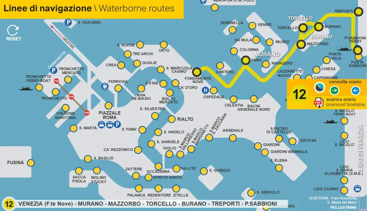 Mappa delle linee di navigazione di Venezia. Ideale per un tour hop on hop off tra le isole e i sestieri.