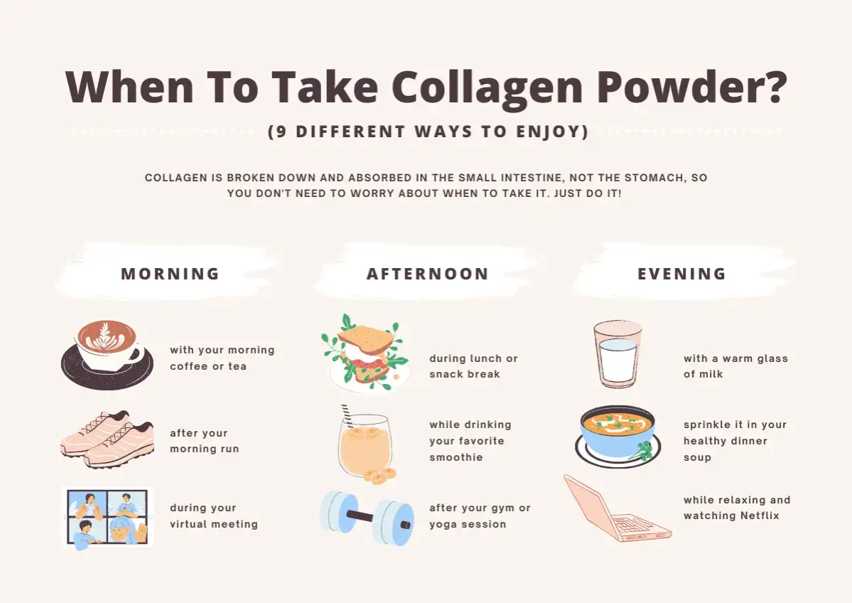 Ideas sobre **cuando es mejor tomar el colageno**: por la ma&ntilde;ana con caf&eacute;, tras el ejercicio, en la tarde con un batido, o por la noche con leche tibia.