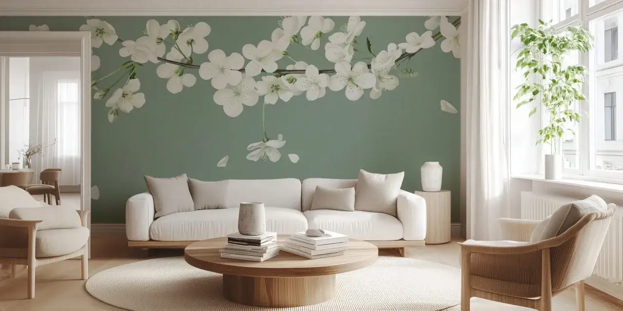 Jasna sofa i fotele w salonie z tapetą wiosenną przedstawiającą kwitnące gałęzie.