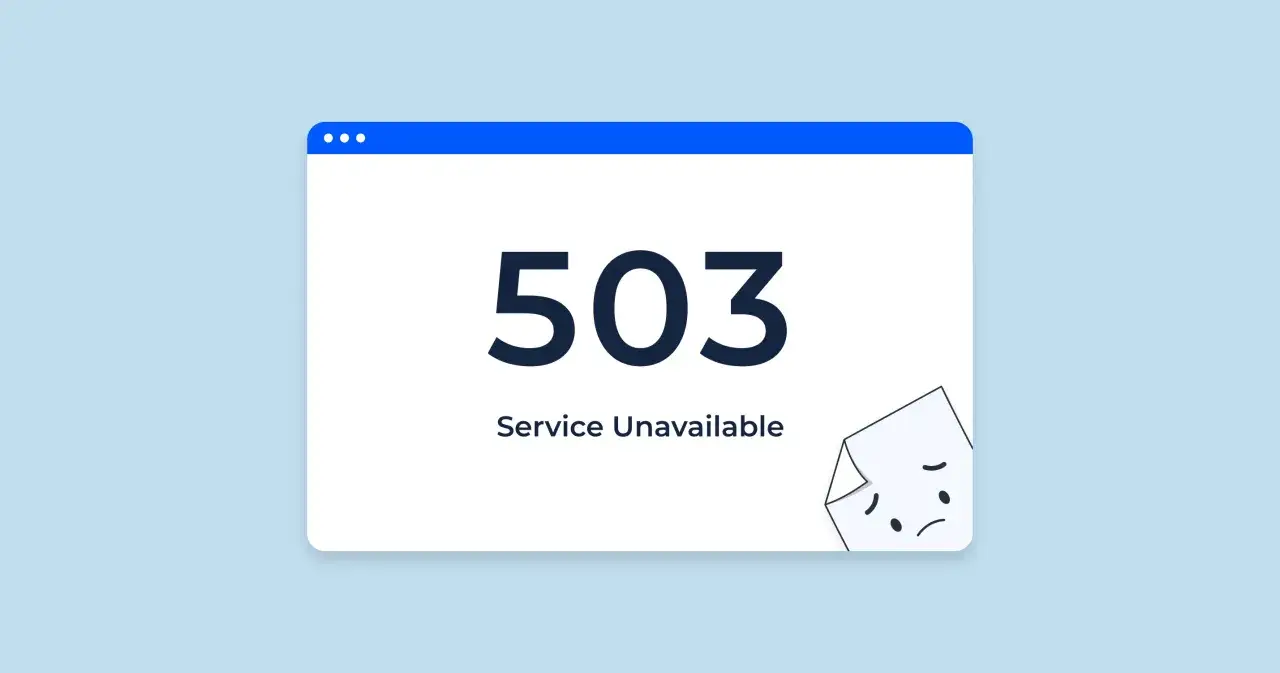 Komunikat błędu 503 Service Unavailable na ekranie przeglądarki. Smutny, zagięty róg kartki symbolizuje niedostępność usługi.