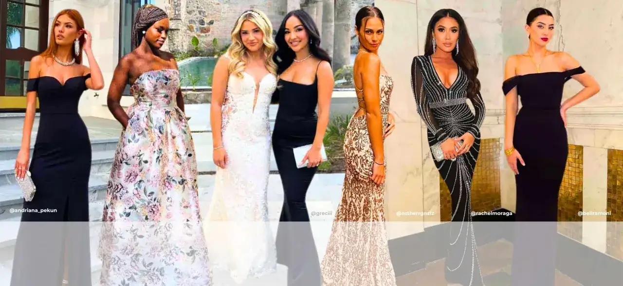 Seven women in elegant gowns, showcasing a variety of styles perfect for a black tie wedding dress code.