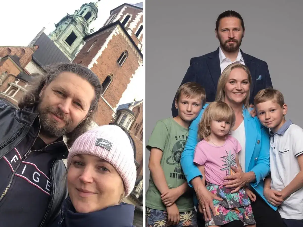 Dominika Chorosińska z mężem i dziećmi na tle Wawelu i w studiu. Uśmiechnięta rodzina.