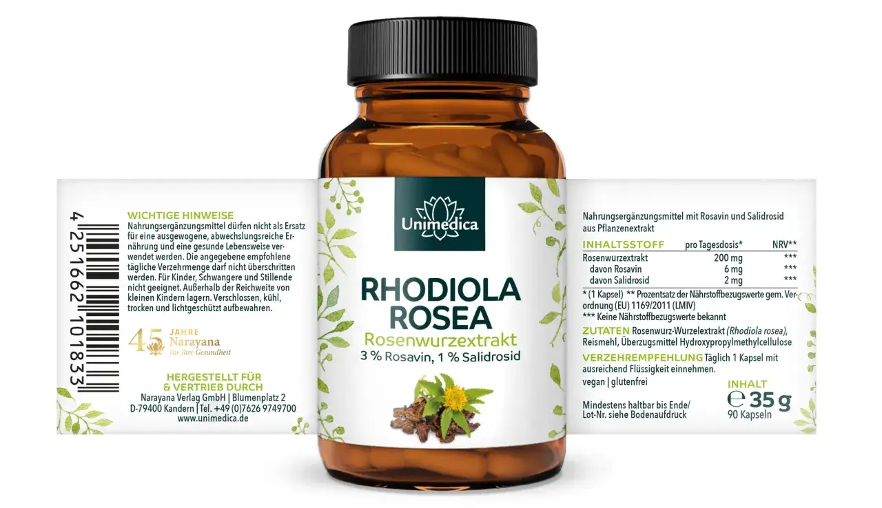 Rhodiola Rosea Kapseln von Unimedica, 90 St&uuml;ck. Ideal zur Unterst&uuml;tzung in den Wechseljahren. Enth&auml;lt Rosenwurzextrakt mit Rosavin und Salidrosid.