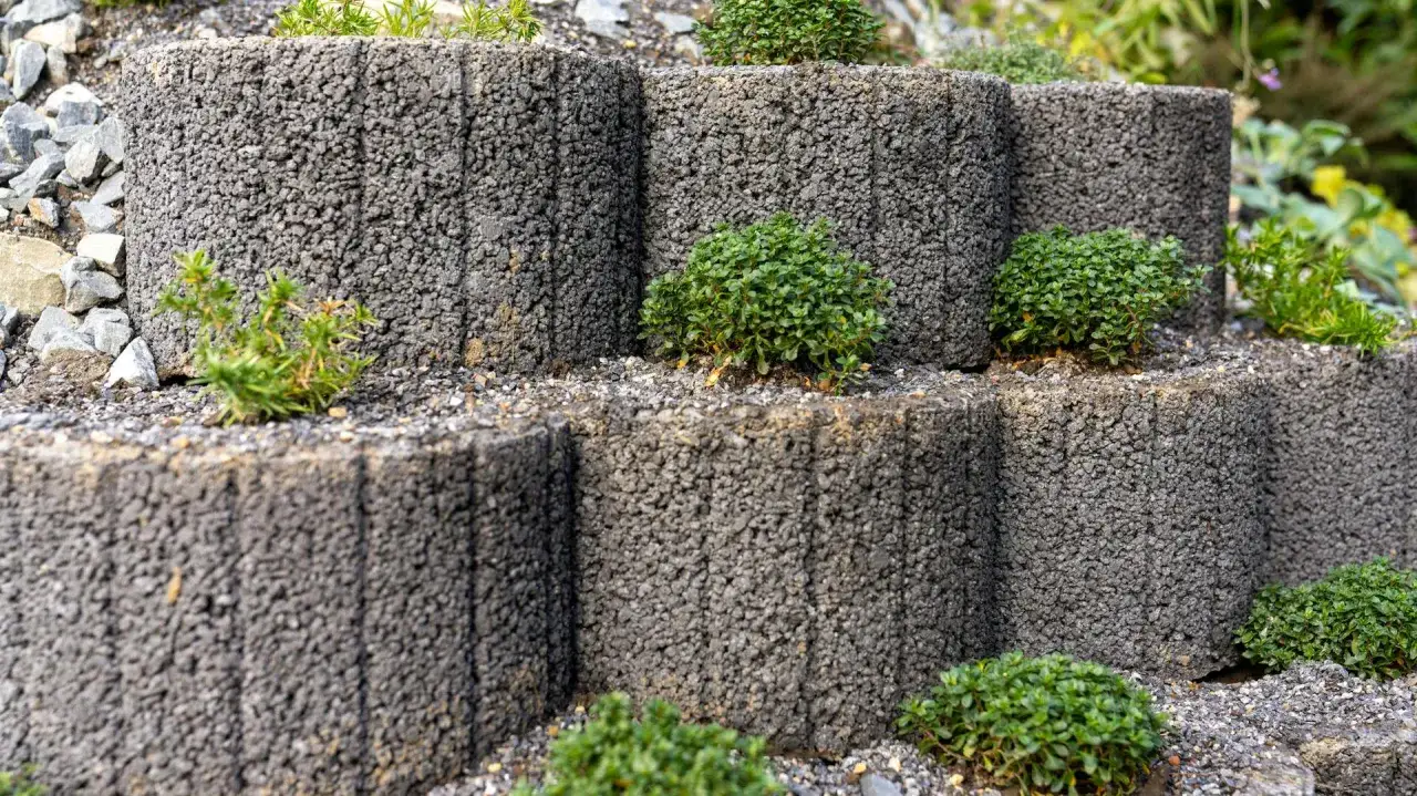 Stufenförmige Anlage mit Pflanzsteinen und grünen Bodendeckern. Tolle Pflanzsteine setzen Ideen für naturnahe Gartengestaltung.