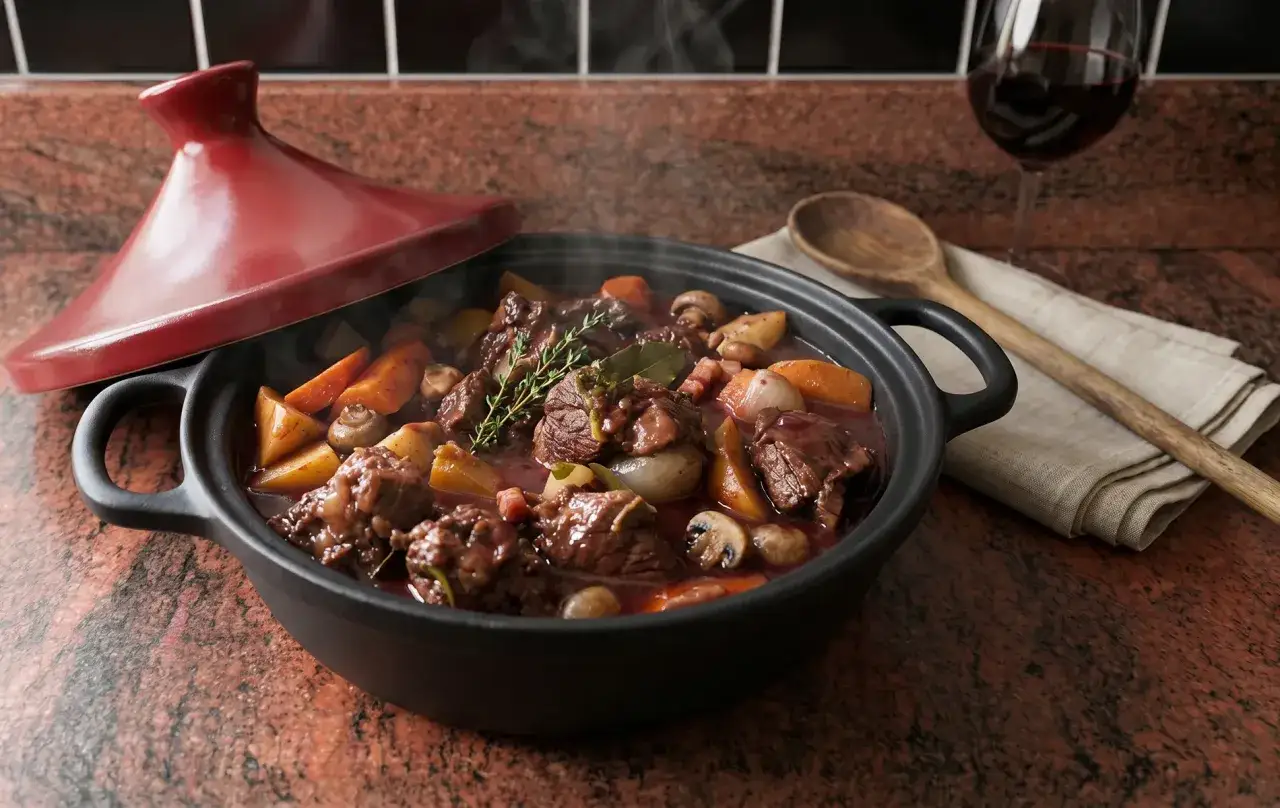 Un plat fumant de boeuf bourguignon, un délice pour les papilles et les pupilles, mijote dans une cocotte rouge.