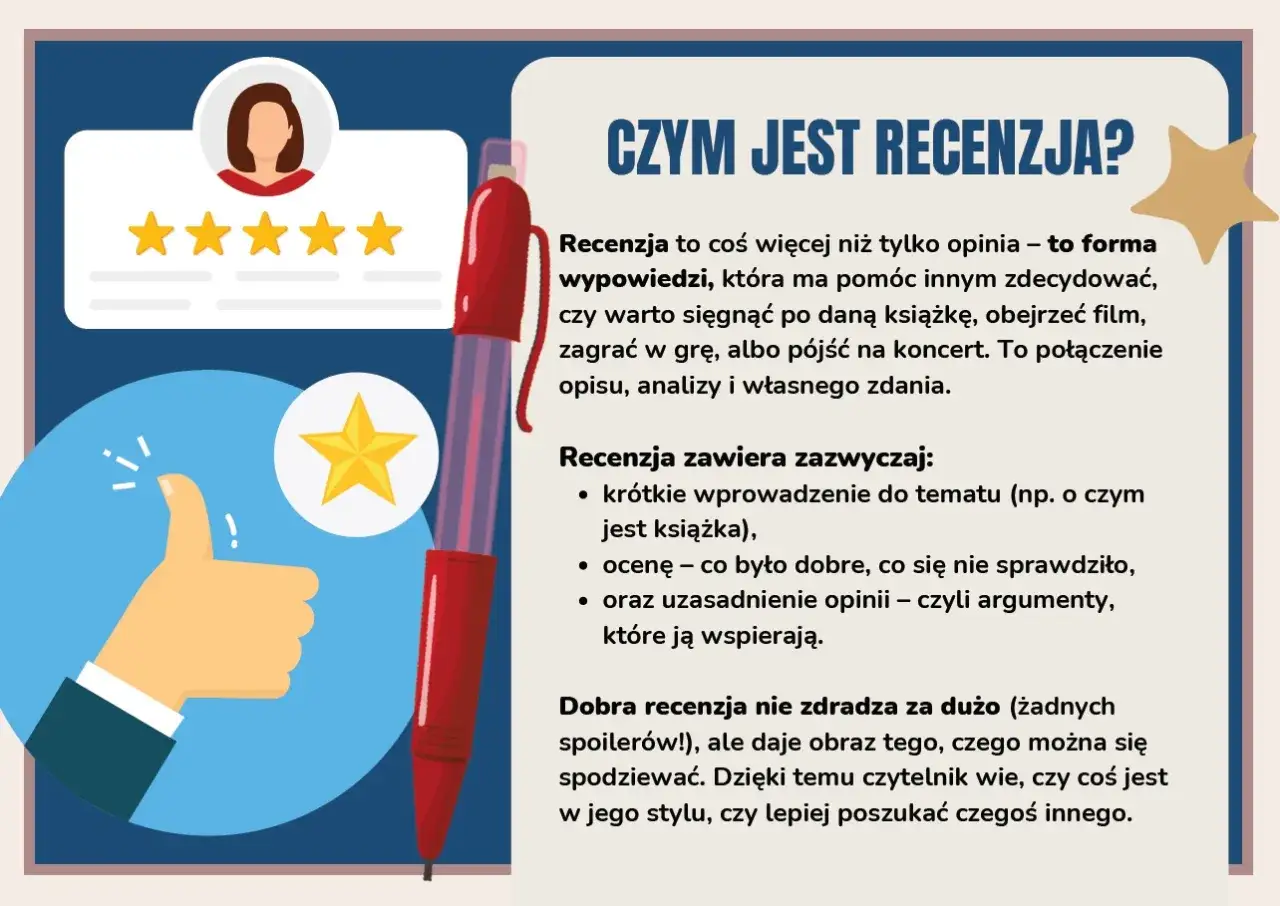 Ilustracja wyjaśnia, jak napisać recenzję. Pokazuje kciuk w górę, gwiazdki i długopis, symbolizując ocenę i opinię.