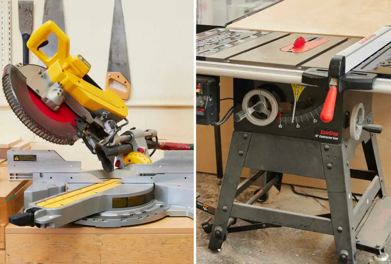 Comparaison : scie circulaire (table saw) et scie &agrave; onglet (miter saw). Outils de menuiserie pour des coupes pr&eacute;cises.