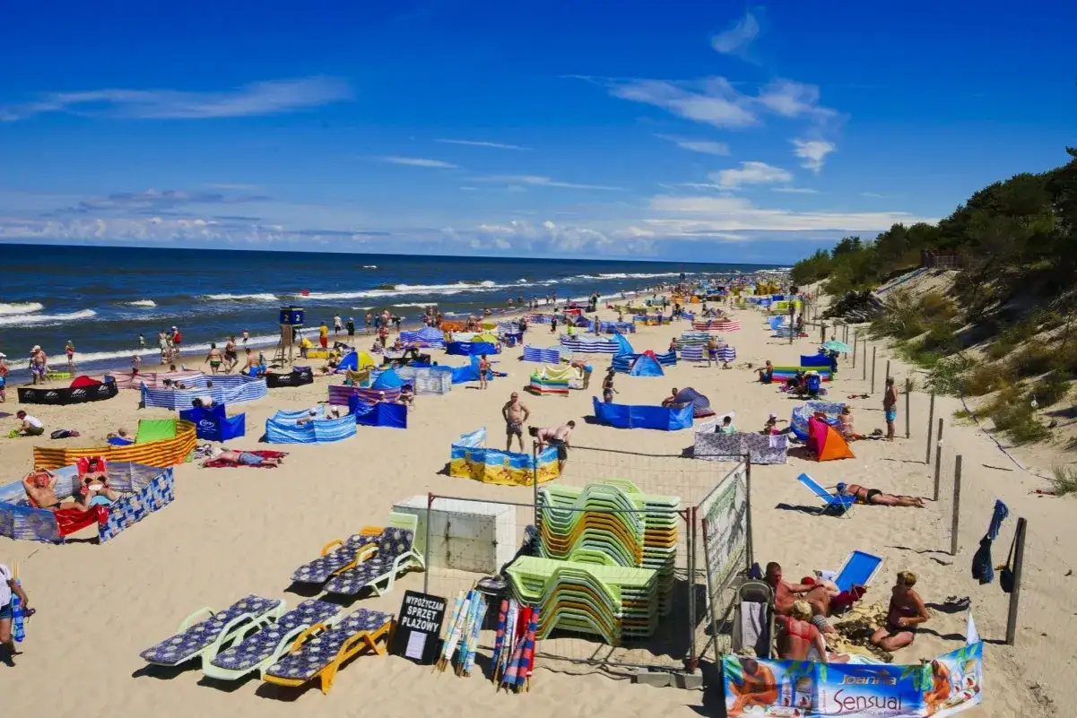 Słoneczna plaża w Dziwnówku pełna ludzi, parawanów i leżaków. W tle morze i las. To typowe dziwnówek atrakcje.