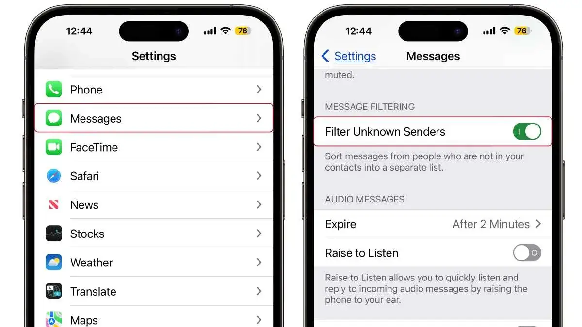 iPhone ustawienia wiadomości filtruj nieznanych nadawców