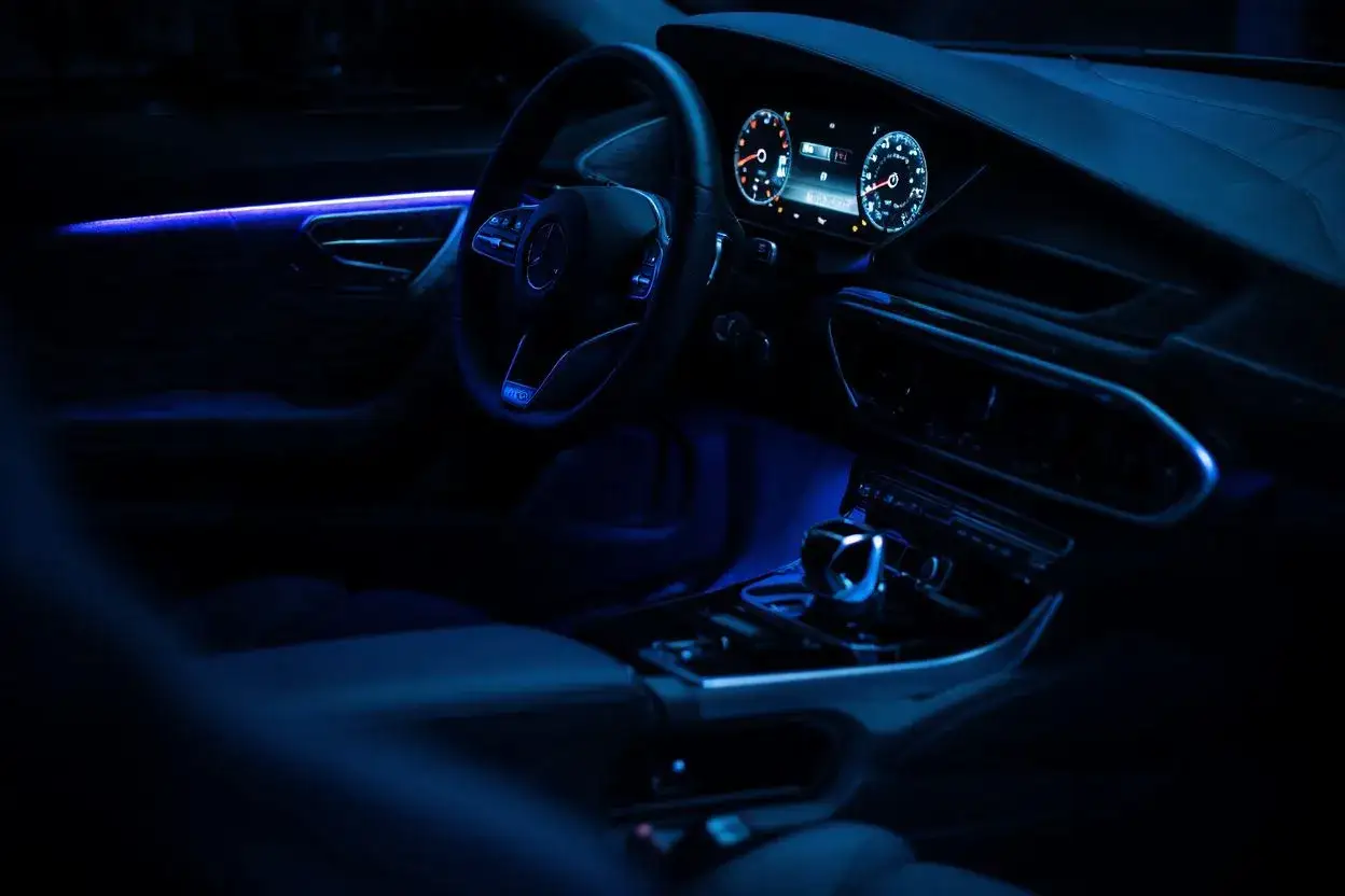 Intérieur de voiture moderne avec éclairage d'ambiance LED bleu intégré, créant une atmosphère futuriste.