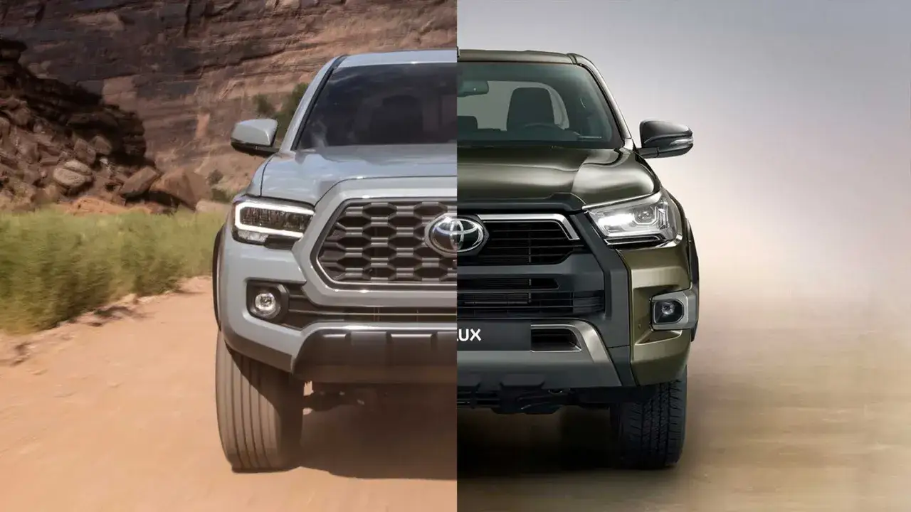 Dwa modele Toyota pickup zestawione obok siebie: szary na tle pustyni i ciemnozielony na jednolitym tle.