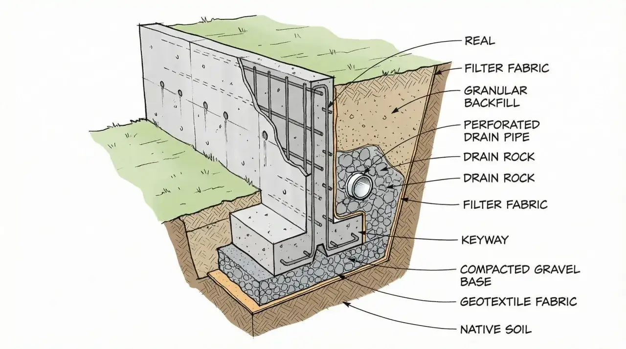 Diagram showing how to build a retaining wall with a concrete structure, rebar, drainage pipe, gravel, and filter fabric for proper water management.