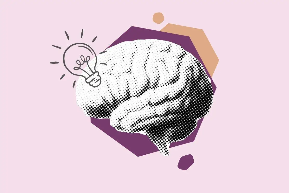 Ilustracja mózgu z żarówką symbolizującą pomysł. Psychologia obrazki pokazujące proces myślowy.
