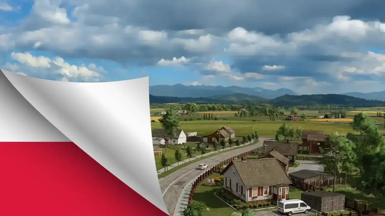 Odkryj polskie krajobrazy w grach farmerskich! Wirtualna wieś z domkami, polami i górami w tle.