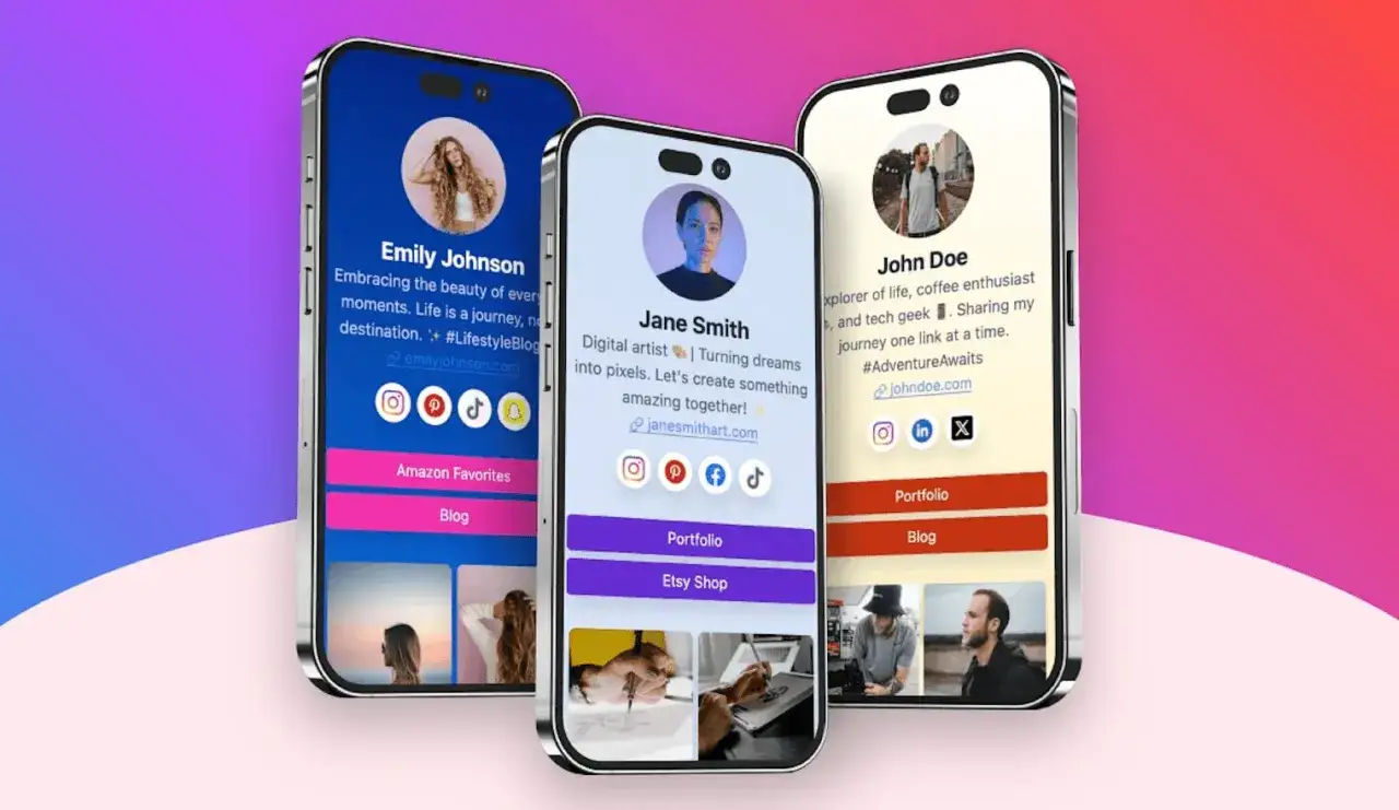 Tre smartphone mostrano profili con foto, bio e link social. Un esempio di cos'&egrave; Linktree per condividere tutto in un unico posto.