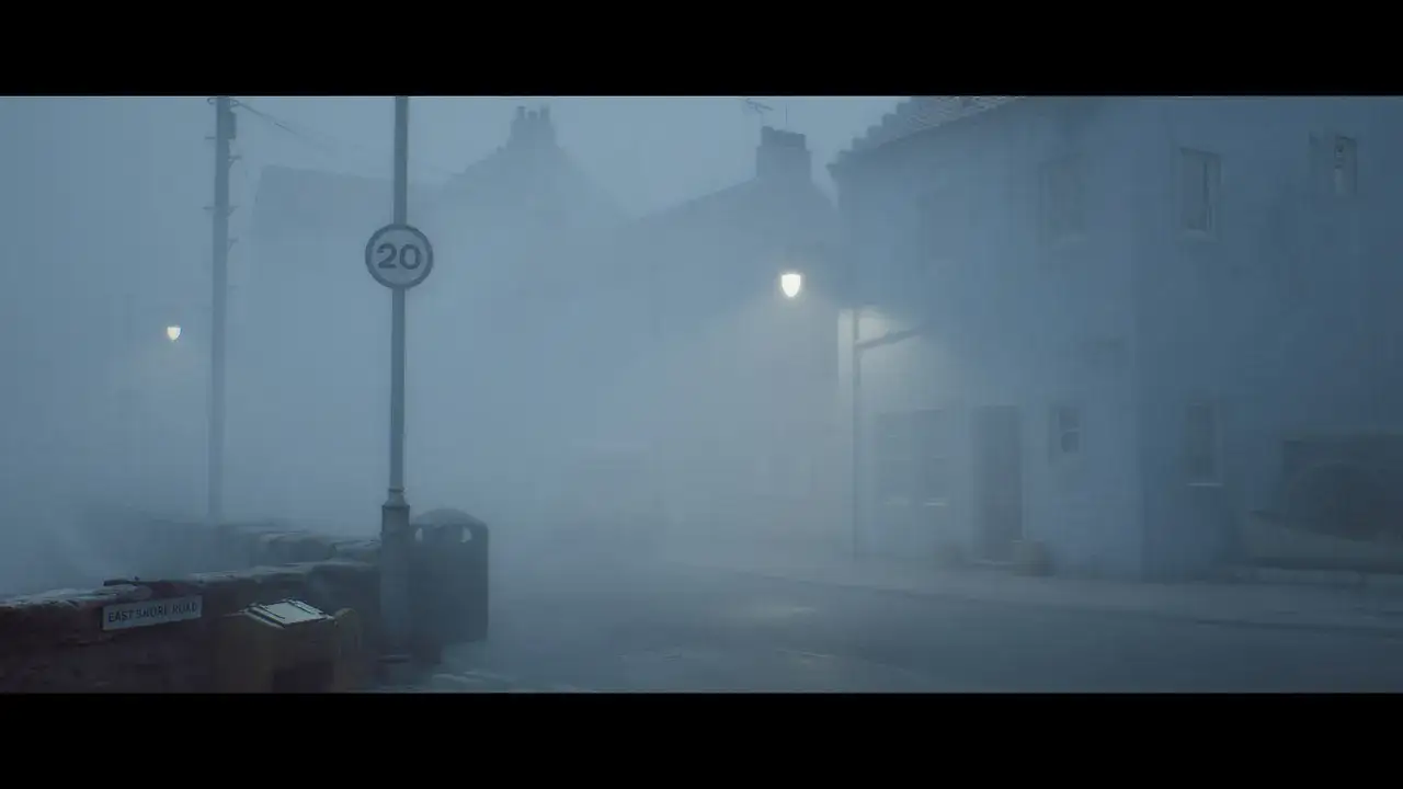 Mglista uliczka, latarnia i znak ograniczenia prędkości. Klimat jak z **Silent Hill 1 remake**.