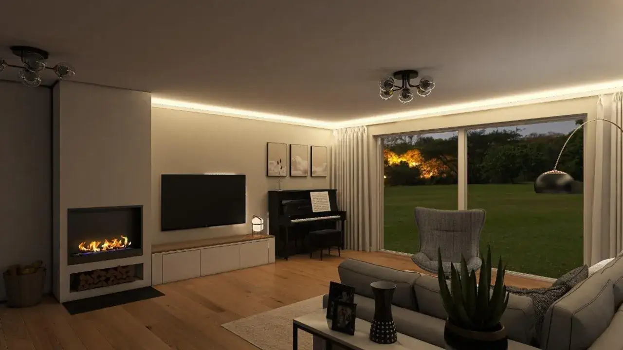 Gemütliches Wohnzimmer mit Kamin, Klavier und großem Fenster. Tolle deko ideen für ein stilvolles Zuhause.