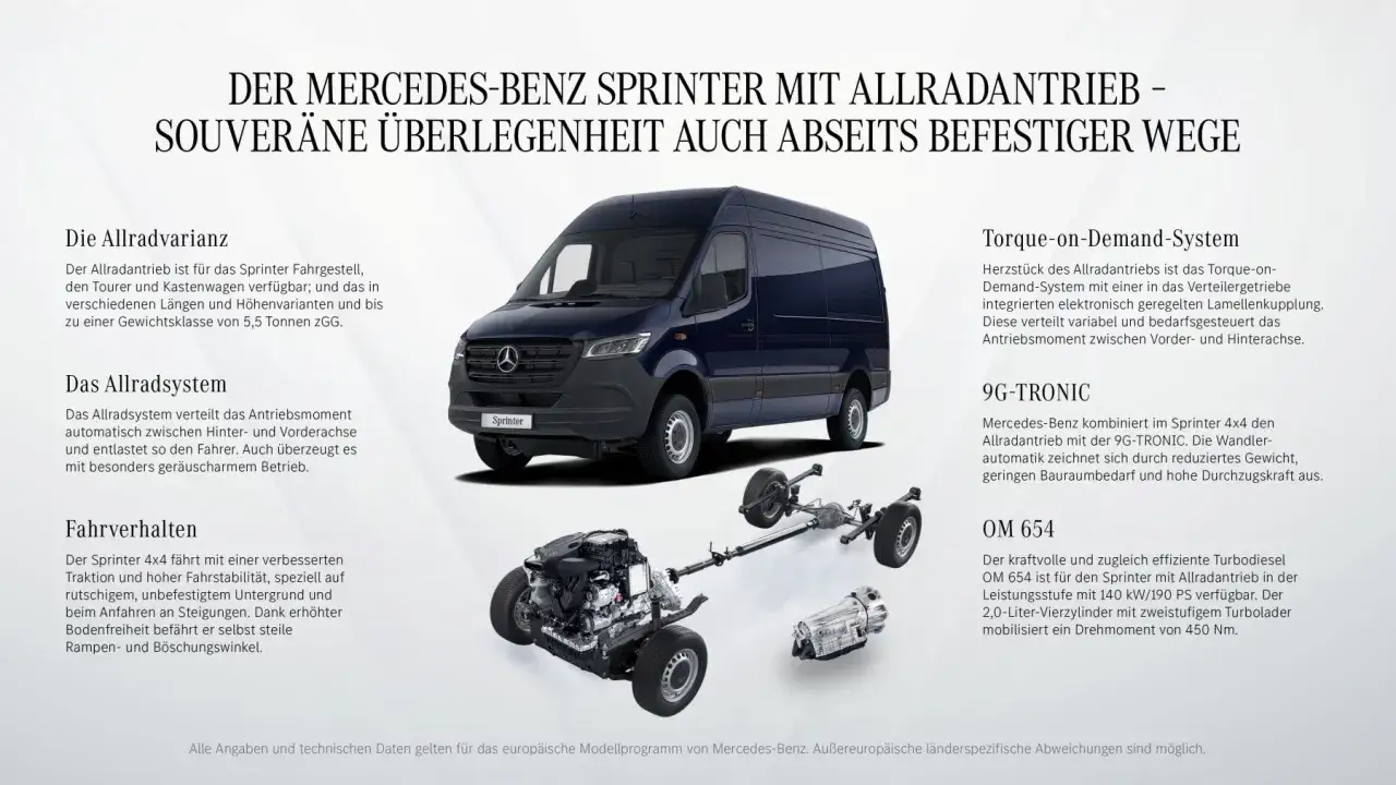 Mercedes-Benz Sprinter 4x4 mit Allradantrieb und 9G-TRONIC. Der Van zeigt seine überlegene Traktion auch abseits befestigter Wege.