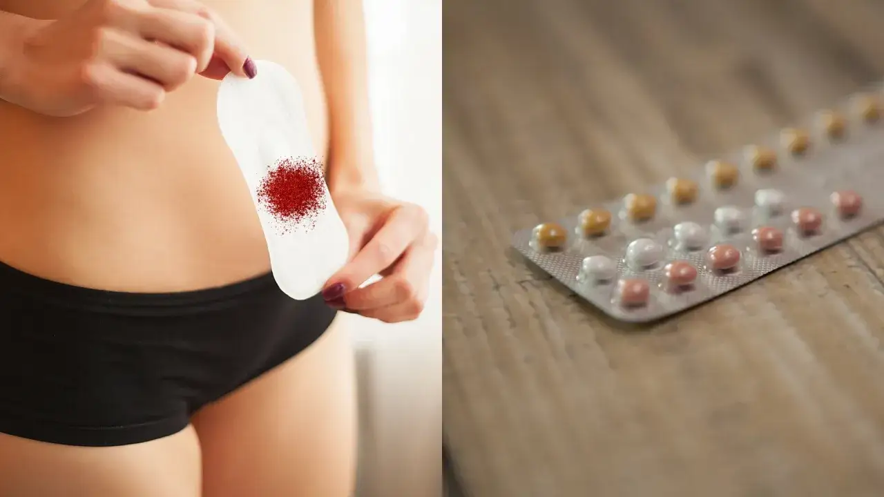 Kobieta trzyma podpaskę z plamą krwi, obok opakowanie tabletek antykoncepcyjnych. Czy podczas brania tabletek antykoncepcyjnych ma się owulację?