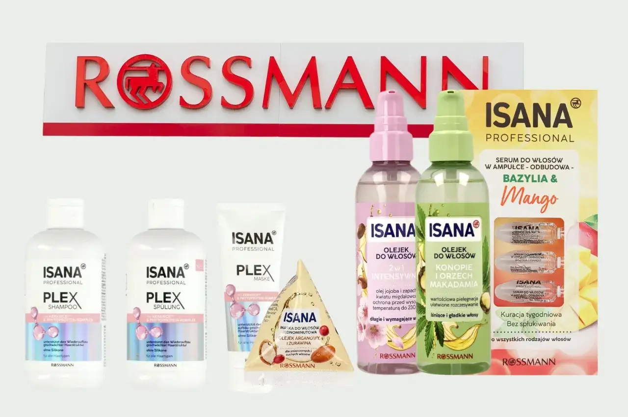 Produkty Isana PLEX do pielęgnacji włosów: szampon, odżywka, maska, olejki i serum z bazylią i mango.