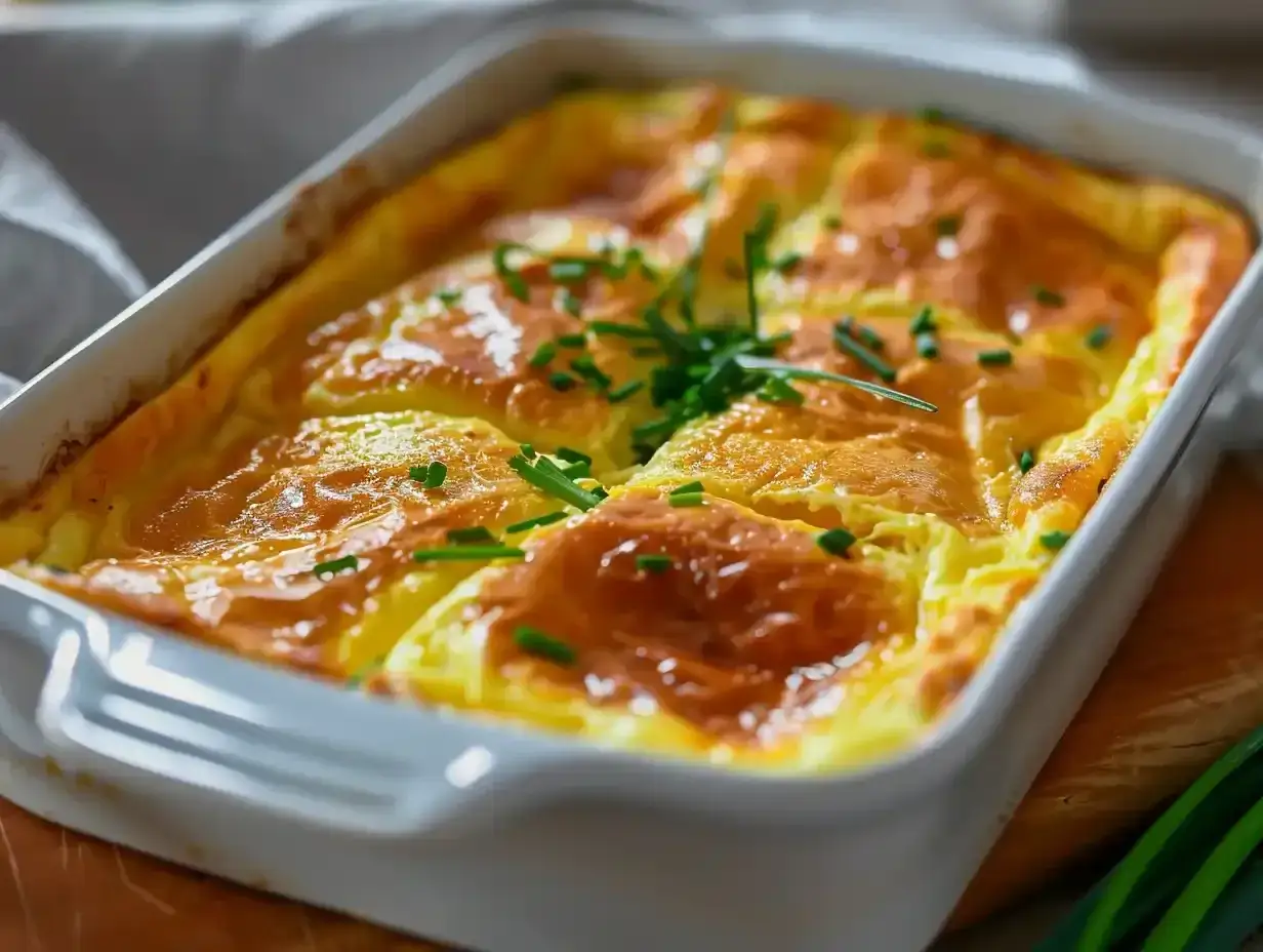 En gyllene omelett i ugn, toppad med färsk gräslök. Perfekt för en mysig frukost eller brunch.