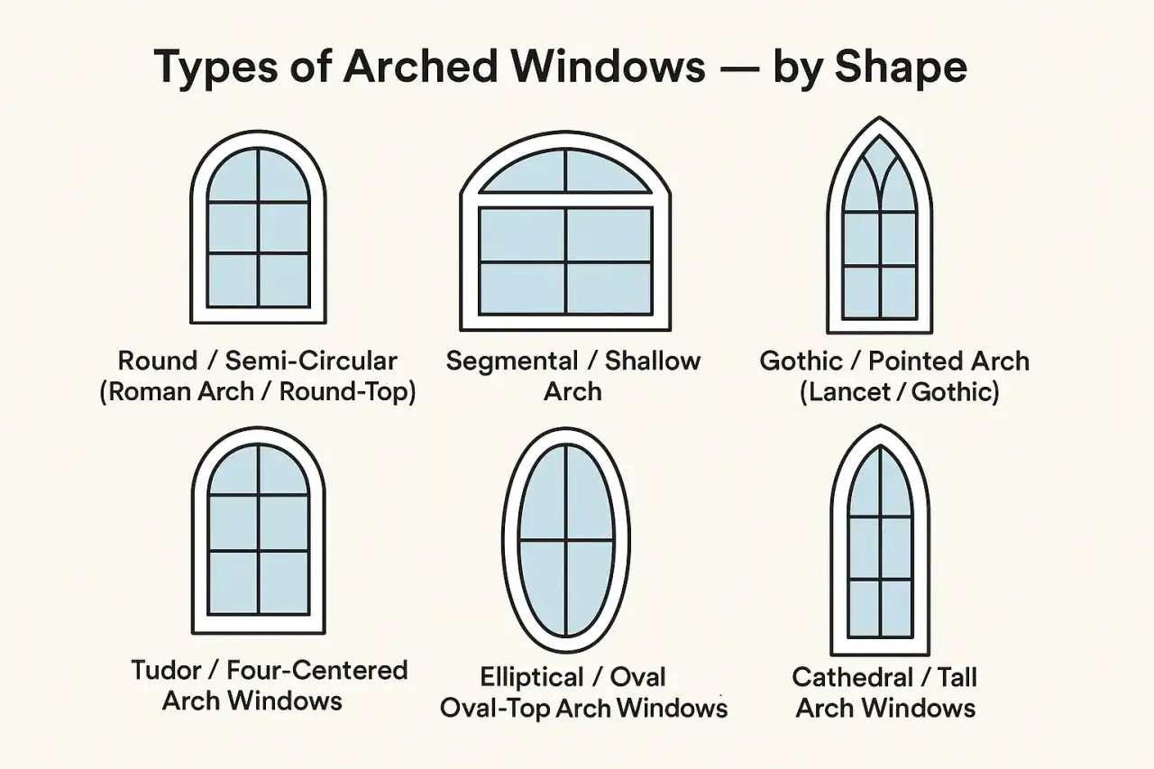 Illustration montrant six types de fenêtres cintrées, chacune avec une forme de fenêtre distincte : ronde, segmentée, gothique, Tudor, elliptique et cathédrale.