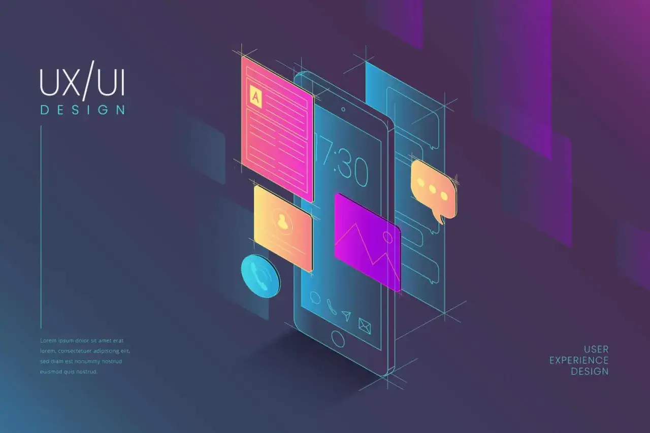 Ilustracja UX/UI z elementami interfejsu, przypominająca zastosowanie heurystyk Nielsensa dla intuicyjnego designu.