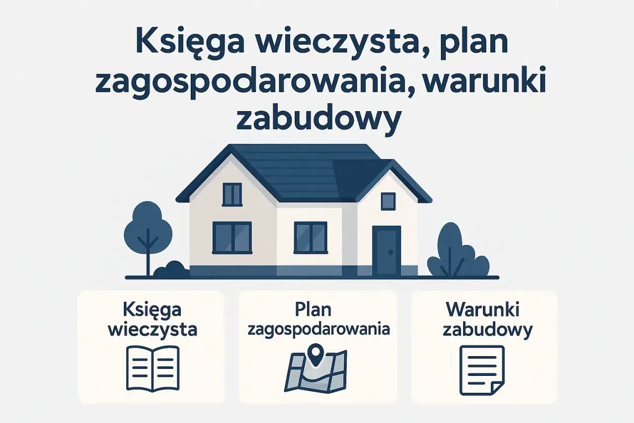 Ilustracja przedstawia dom, księgę wieczystą, mapę i dokument, symbolizujące **teren zabudowany definicja** i związane z nim formalności.