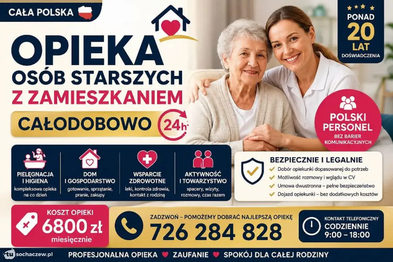 Praca opieka Polska: uśmiechnięta opiekunka obejmuje starszą panią. Oferta całodobowej opieki nad osobami starszymi w domu.