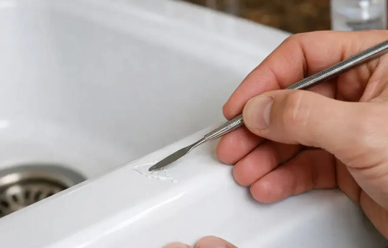 Main tenant répare une rayure sur lavabo blanc avec un outil fin.