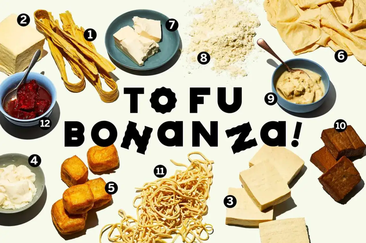 Różne formy tofu, od bloków po proszek, pokazują, z czego jest tofu – z soi. Widać też smażone kostki i inne przetwory.