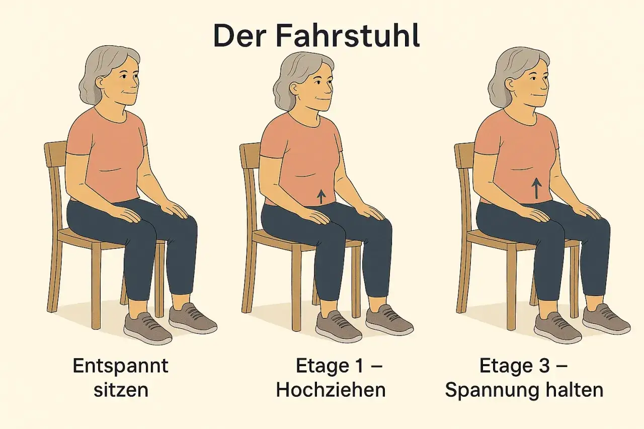 Frau übt Beckenbodentraining im Sitzen: entspannt, hochziehen, Spannung halten.