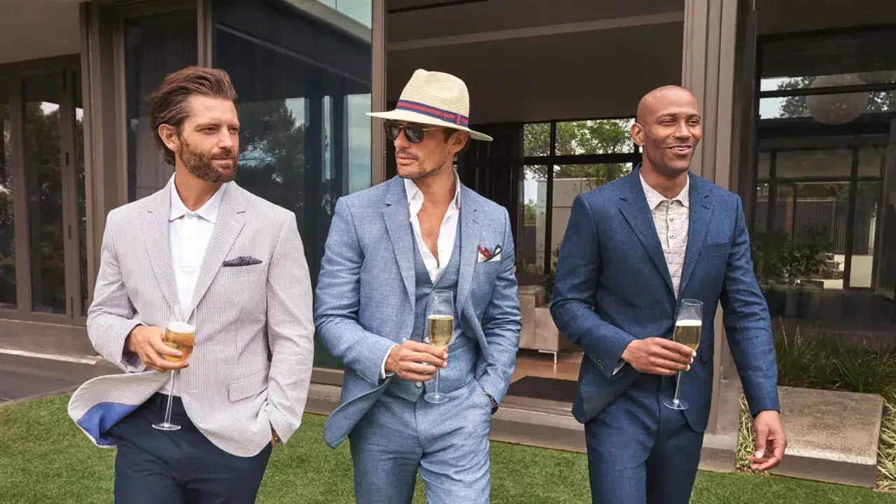 Three men in stylish groomsmen attire, holding champagne glasses, walk outdoors.
