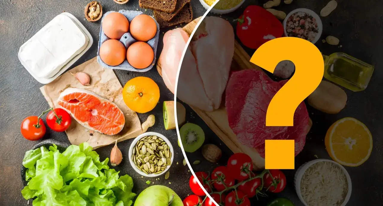Różnorodne produkty spożywcze, od ryby po mięso i warzywa, sugerujące poszukiwanie odpowiedniej diety przy zespole jelita drażliwego.